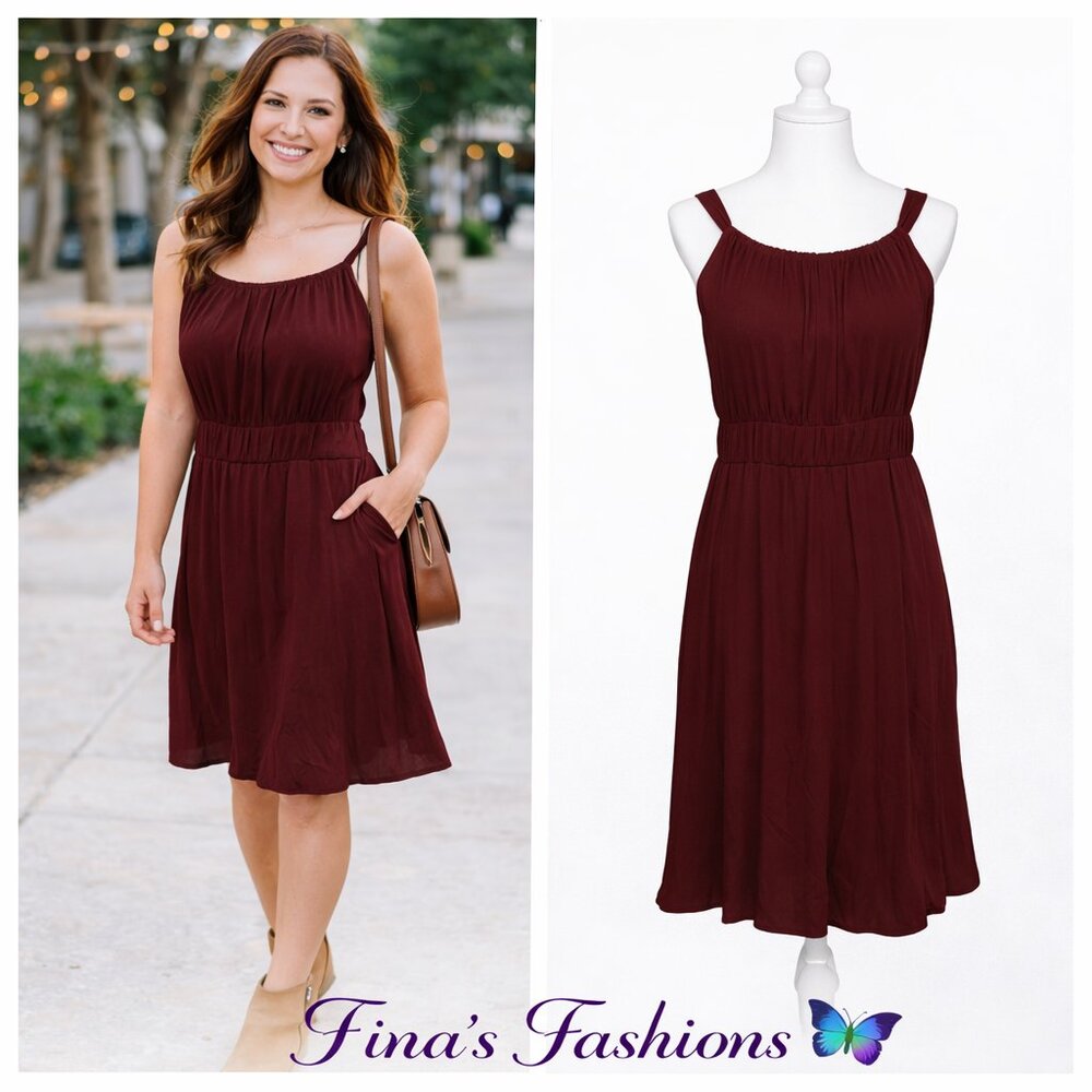 Mossimo Burgundy Dress Medium Elastic Waist Flowy Feminine Knee Length
